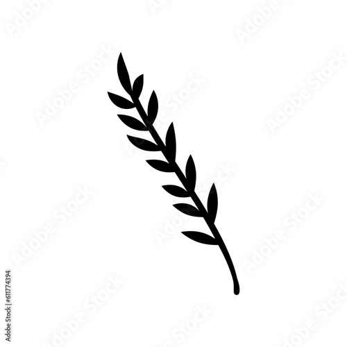 Black botanical branch with small leaves. Clipart.