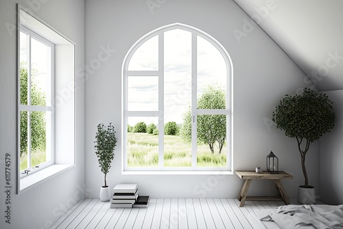 A white  empty room with a view of a summer countryside via the window. Nordic-style interior design. Generative AI