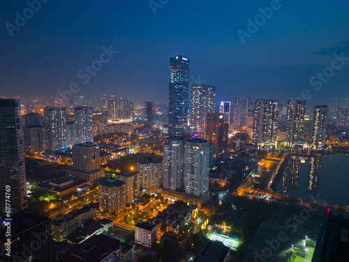 Aerial view of Hanoi Downtown Skyline  Vietnam. Financial district and business centers in smart urban city in Asia. Skyscraper and high-rise buildings at night.