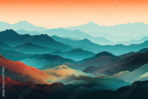 scenic mountain range at sunset, captured in a painting. Generative AI © Vusal