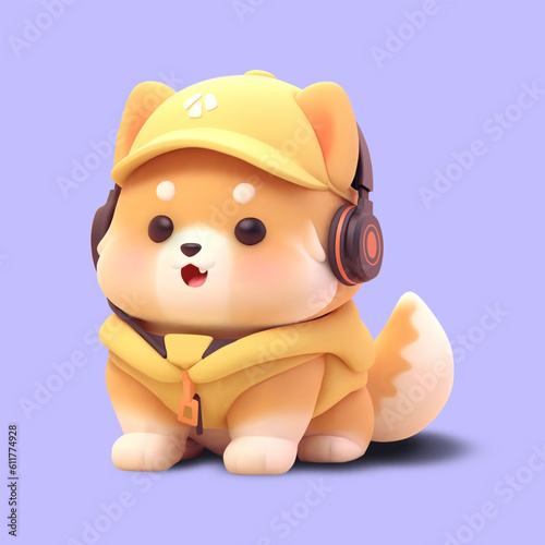 Dog mascot. Kawaii dog listen to music with headphones, wear cap and jacket. Cute cartoon pet character vector 3d illustration