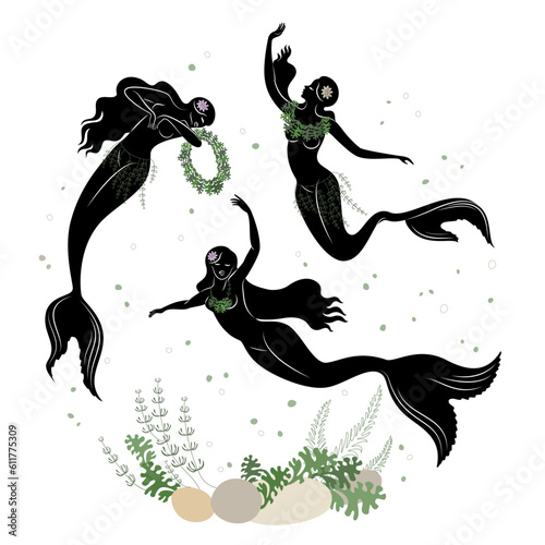 Mermaid silhouette. Beautiful girls swim in the water, dance. The lady is young and slim. Fantastic fairy tale image of algae, plants. vector illustration set.
