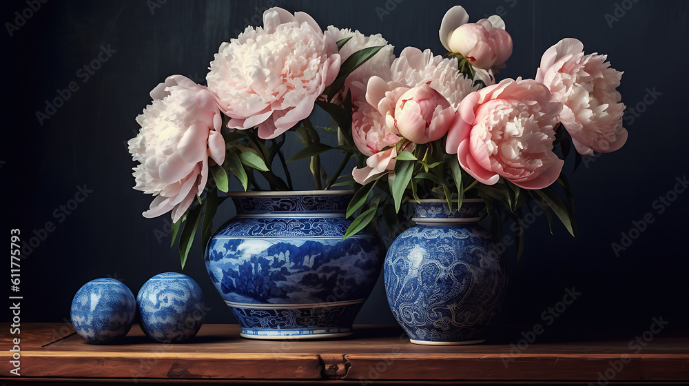 Bouquet of pink and white peonies flowers in a vase