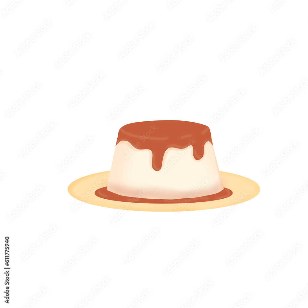 Pudding with melted chocolate on yellow plate Pudding with melted chocolate on yellow plate