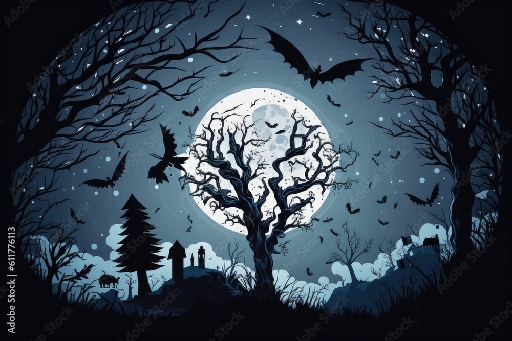 full moon with bats flying against a spooky tree background. Generative AI
