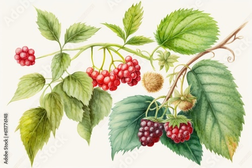 branch with ripe berries and green leaves painted in watercolor. Generative AI