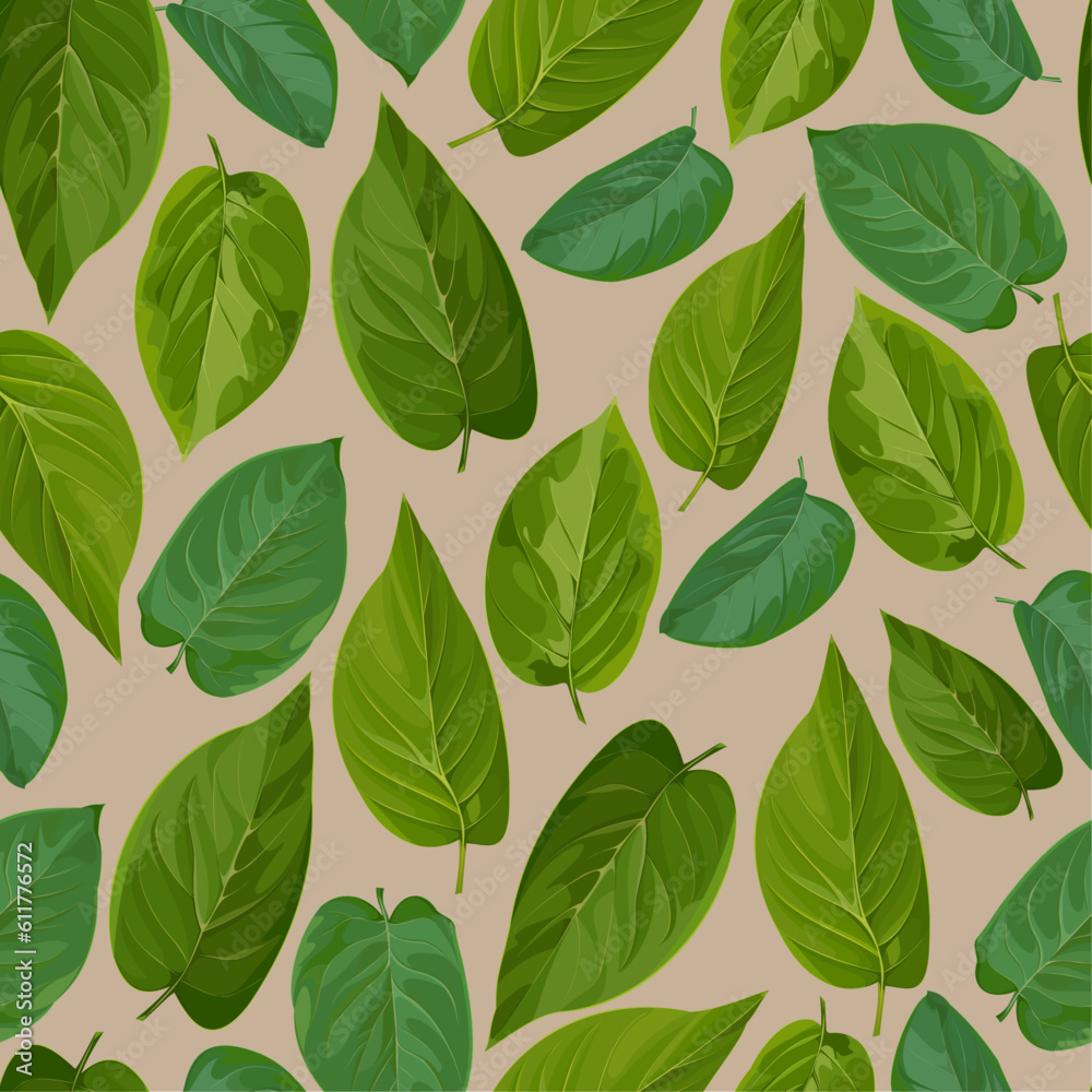 Seamless pattern of green leaves of the lilac tree on a beige background 