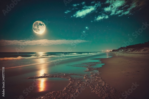 Fantasy of beautiful nature including a moonlit beach and stars. vintage-toned colors in a retro aesthetic. Background image: A honeymoon during the summertime under the stars. Generative AI