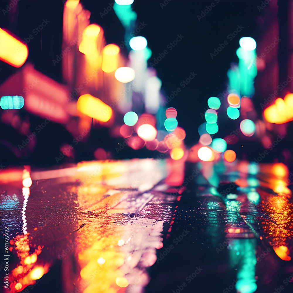 Blurred illustration of a city street at night, with a glare effect, Night city, Generative AI