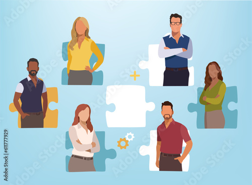 Missing. People at a puzzle elements. The concept of human resources, teamwork, solving problem. Vector flat illustration. 