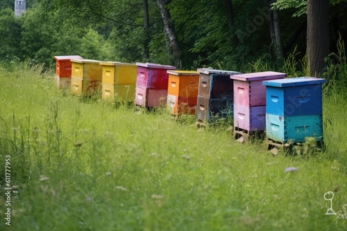 Colorful beehives - generative AI © lebanmax