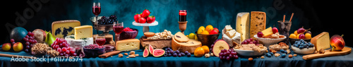 a wall of different varieties of cheeses  fruits and berries  banner  dark background  generative ai