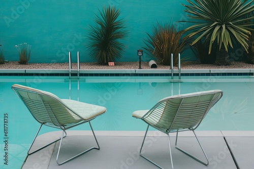 two chairs by a sparkling swimming pool on a sunny day. Generative AI