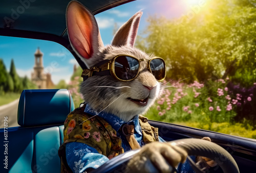 bunny in car with sunglasses driving through the country road, in sunny day, generative ai © VicenSanh