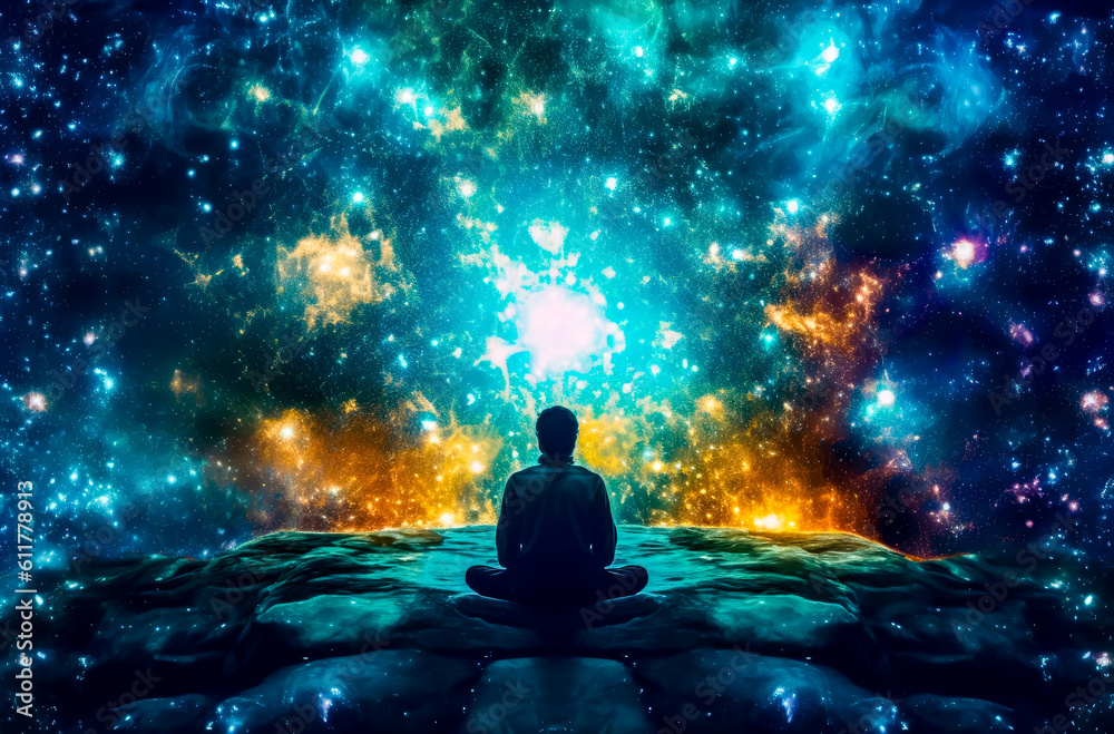 a person is meditating looking into a space full of stars, generative ai a person is meditating looking into a space full of stars, generative ai