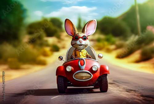 a rabbit driving a red car with his googles on, generative ai