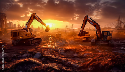 excavators are parked in a field at sunset, generative ai
