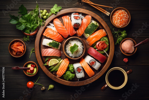roll japanese sushi fresh food seafood rice healthy asian fish. Generative AI.