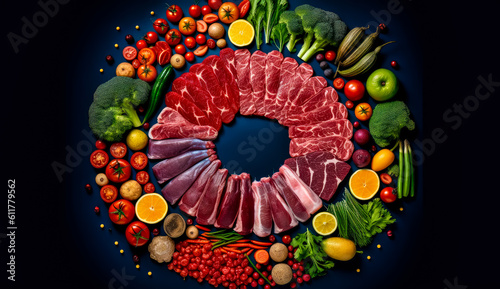 meat vegetables and beans in a circular pattern  top view  black background  generative ai