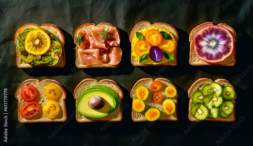 healthy food on toasted bread, top view, generative ai