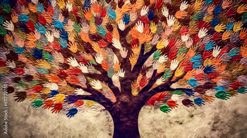 multicolored hands spread out with the shape of a tree, generative ai
