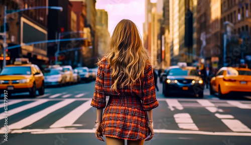 young female with plaid skirt walking down the street, back view, generative ai