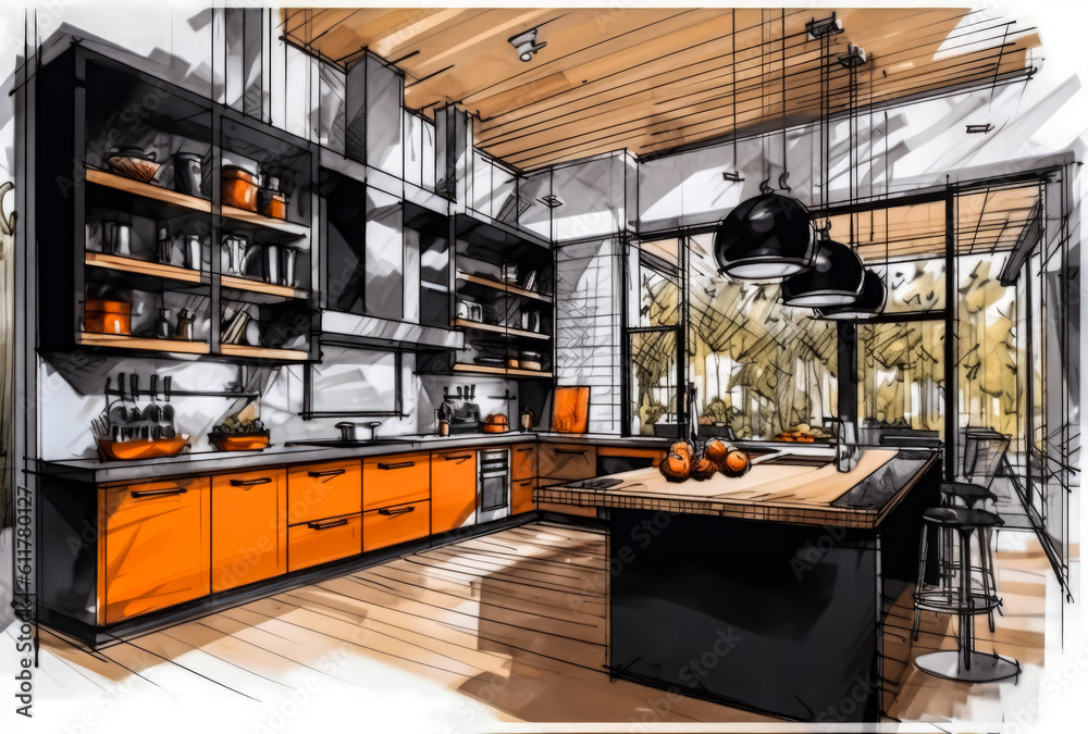 kitchen sketch in black white and orange style, generative ai