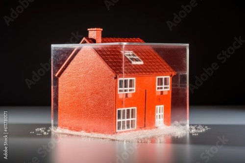 red house inside a glass block on a table. Generative AI photo