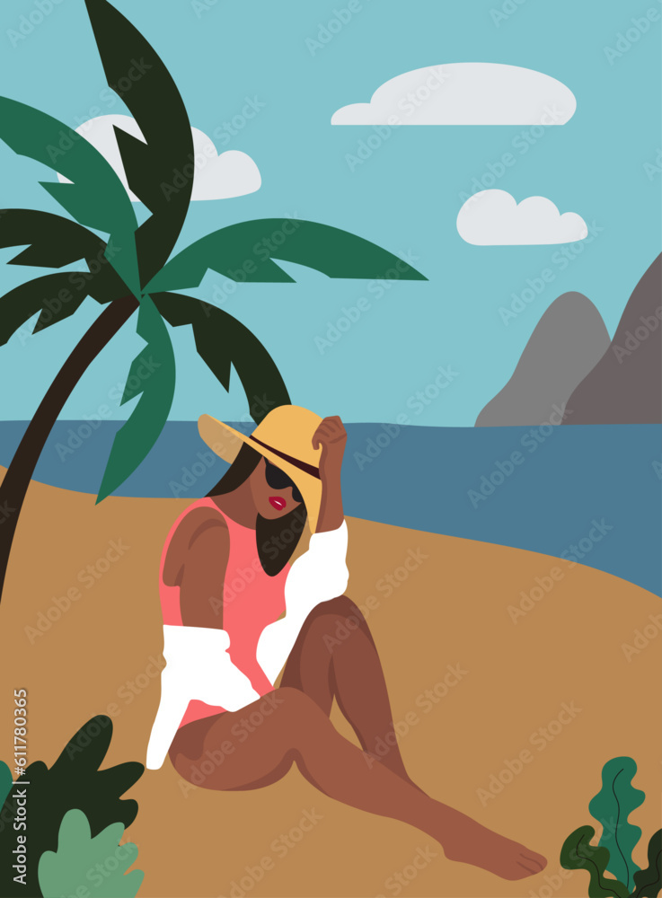 A beautiful black girl sitting on the beach in pink swimsuit and yellow hat with palm tree abd beautiful view during vacation in faceless style for webs, posters, banners