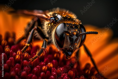Honey bee on flower sunflower close up macro. Generative AI © Galina_R