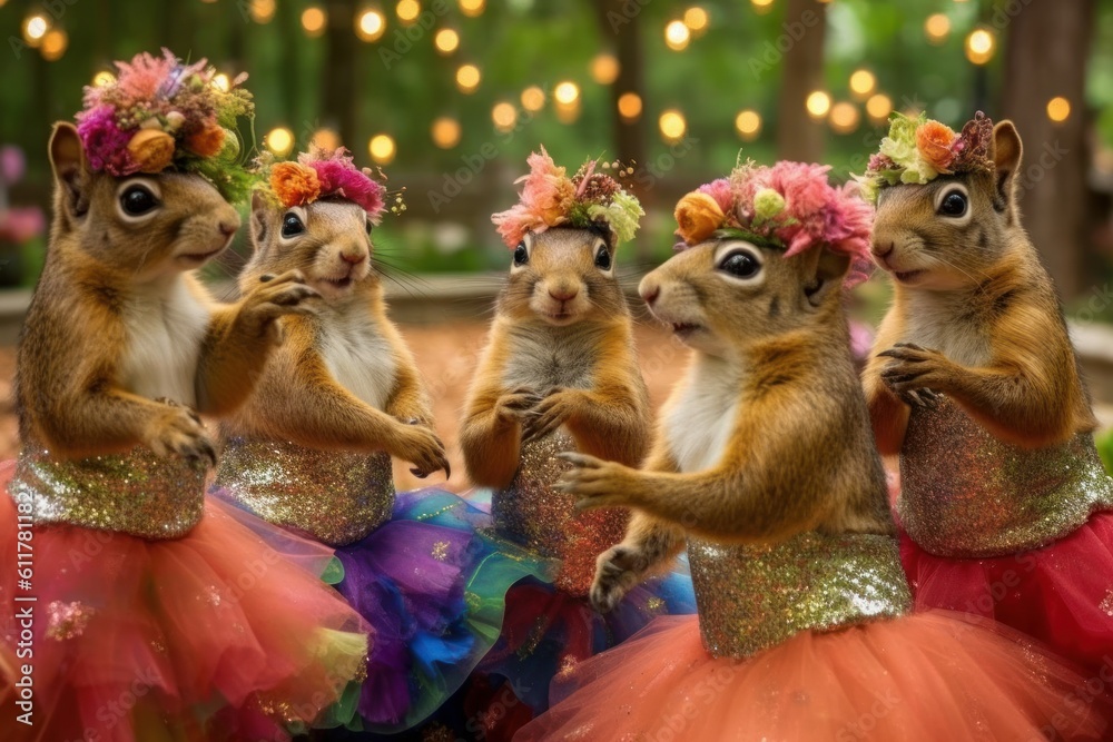 showgirl squirrels dressed in sequin dresses and tiaras and dancing. Generative AI