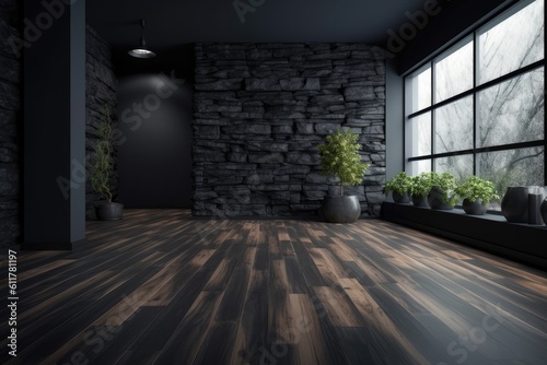 dimly lit room with a window and indoor plants. Generative AI