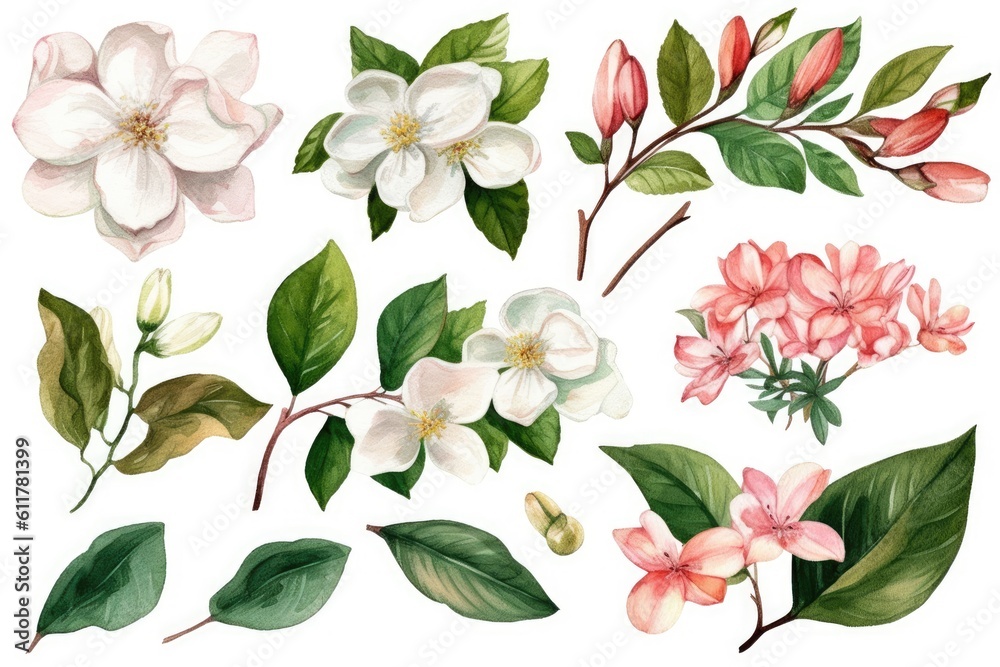 colorful flowers and leaves isolated on a white background. Generative AI colorful flowers and leaves isolated on a white background. Generative AI
