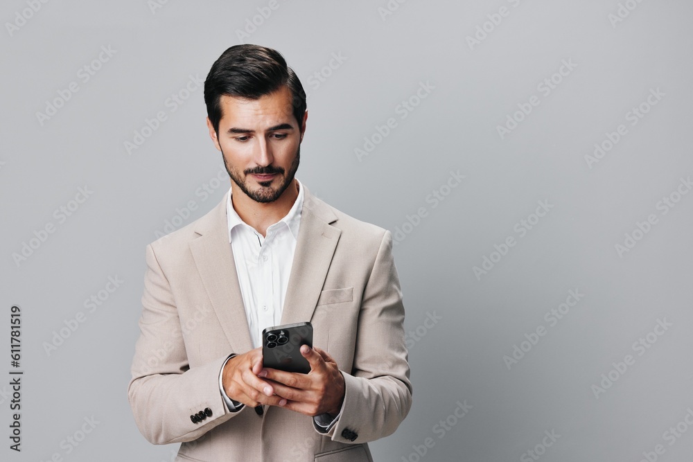 smartphone man phone business smile happy call gray hold suit portrait