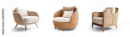 collection Set of outdoor garden rattan straw couches armchairs cutouts double seat sofas isolated on transparent background - Generative AI