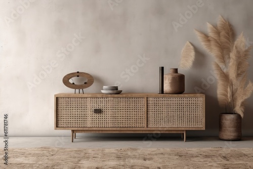 modern sideboard with a minimalist vase and plant decoration. Generative AI