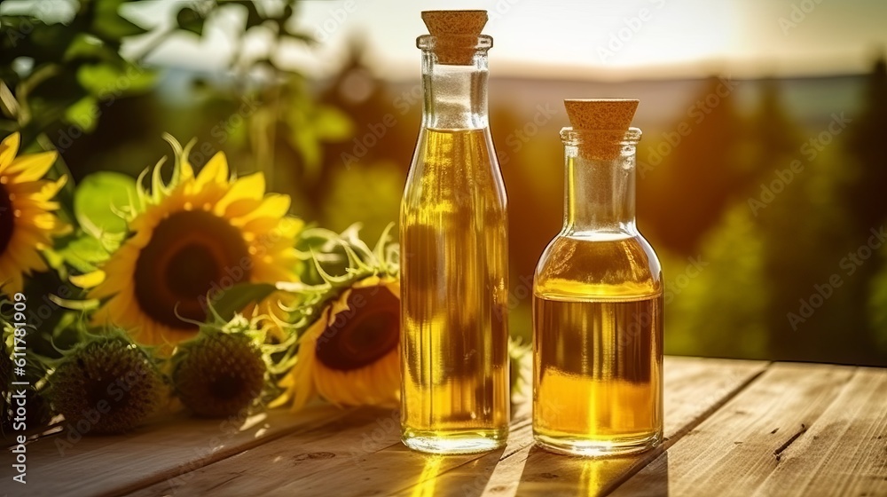 Sunflower vegetable oil with black seed kernels and flower vegetarian dressing for salads and cooking and frying. Country style. Healthly food. Generative AI
Sunflower vegetable oil with black seed kernels and flower vegetarian dressing for salads and cooking and frying. Country style. Healthly food. Generative AI