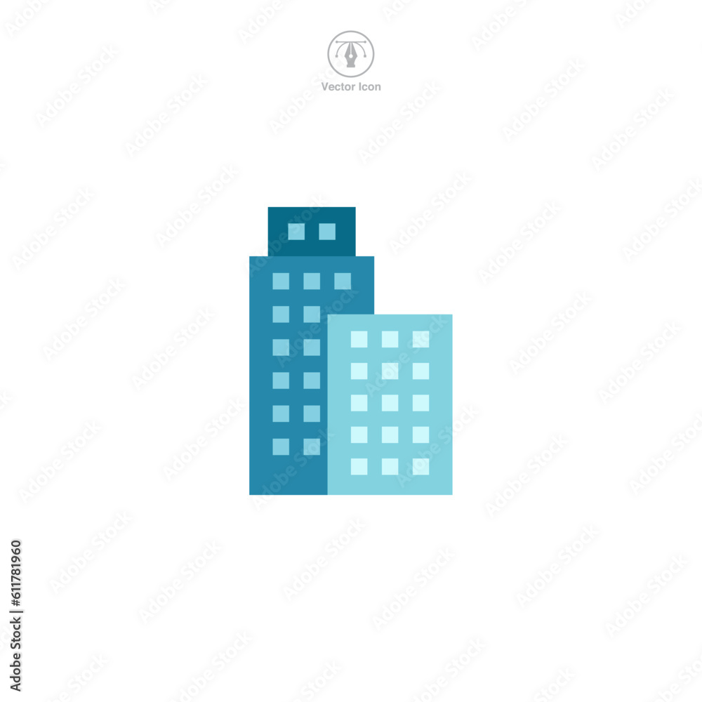Building icon. A solid and architectural vector illustration of a building, representing infrastructure, construction, and physical establishments.