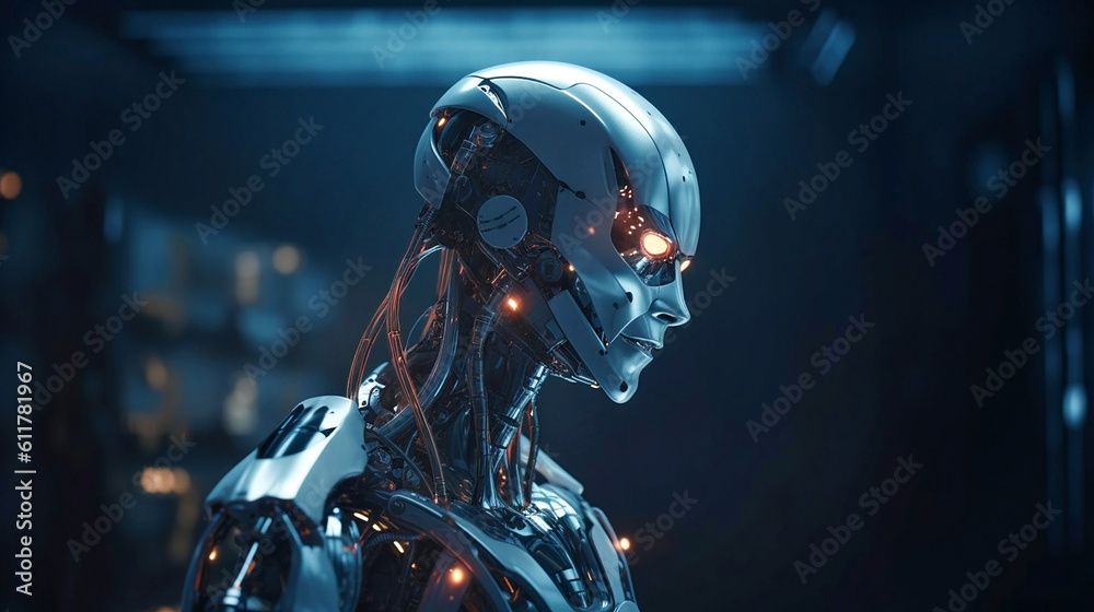 Generative Ai image of a robot sitting in front of a computer Generative Ai image of a robot sitting in front of a computer