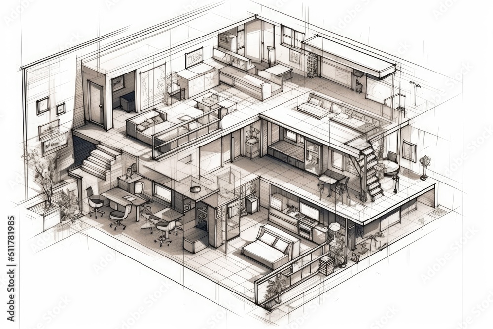 two-story house with a spiral staircase in the living room. Generative AI