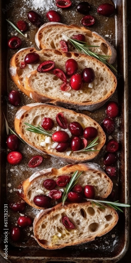 a pan of slices of bread with olives rosemary and salt. Generative AI