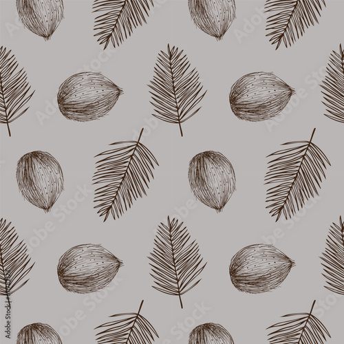 Seamless pattern with coconuts and palm leaves hand drawn vector illustration. Repeating background with fruit and tropical plant nature motif. Decorative ornament in boho style design element