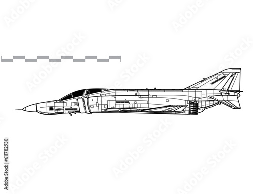 McDonnell Douglas RF-4E Phantom II. Vector drawing of tactical reconnaissance aircraft. Side view. Image for illustration and infographics.