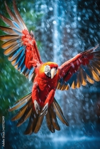 A parrot in flight closeup depth of field high speed camera. Generative AI photo