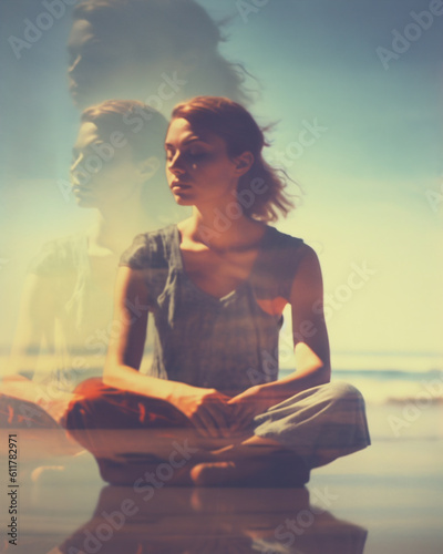Generative AI illustrative image of a young woman who is meditating on a beach. In this tranquil setting, she enters a state of inner calm. Creative use of multiple exposures. 