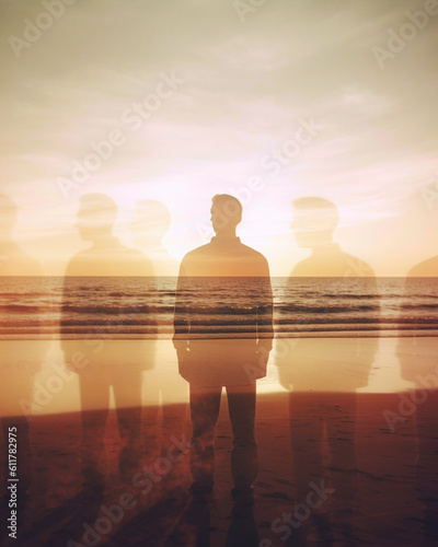 Generative AI illustrative image of a man contemplating the sunset. Creative use of multiple exposures. 