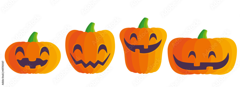 Vector set icons of pumpkin with smile for Halloween in flat style. Vector illustration of pumkins for Halloween. Vector set icons of pumpkin with smile for Halloween in flat style. Vector illustration of pumkins for Halloween.