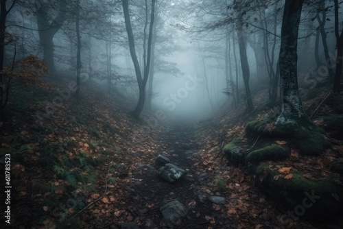 misty pathway surrounded by tall trees in a forest. Generative AI
