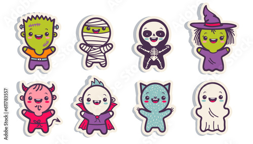 Vector set illustrationn of children in costumes for Halloween. Illustrations with cute kids in Halloween monsters costumes. Halloween stickers of monsters. photo