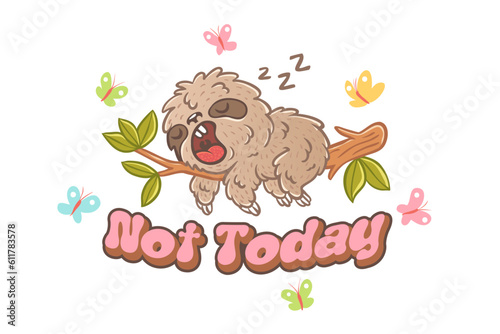 Vector illustration of a sleep sloth on branch with green leaves. Not today.